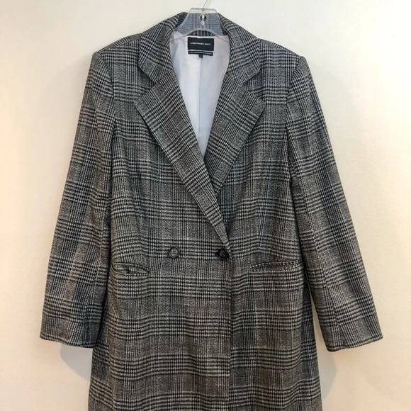 Something Navy Plaid Button Front Long Gray Collared Trench Coat S FLAWED - Picture 3 of 11
